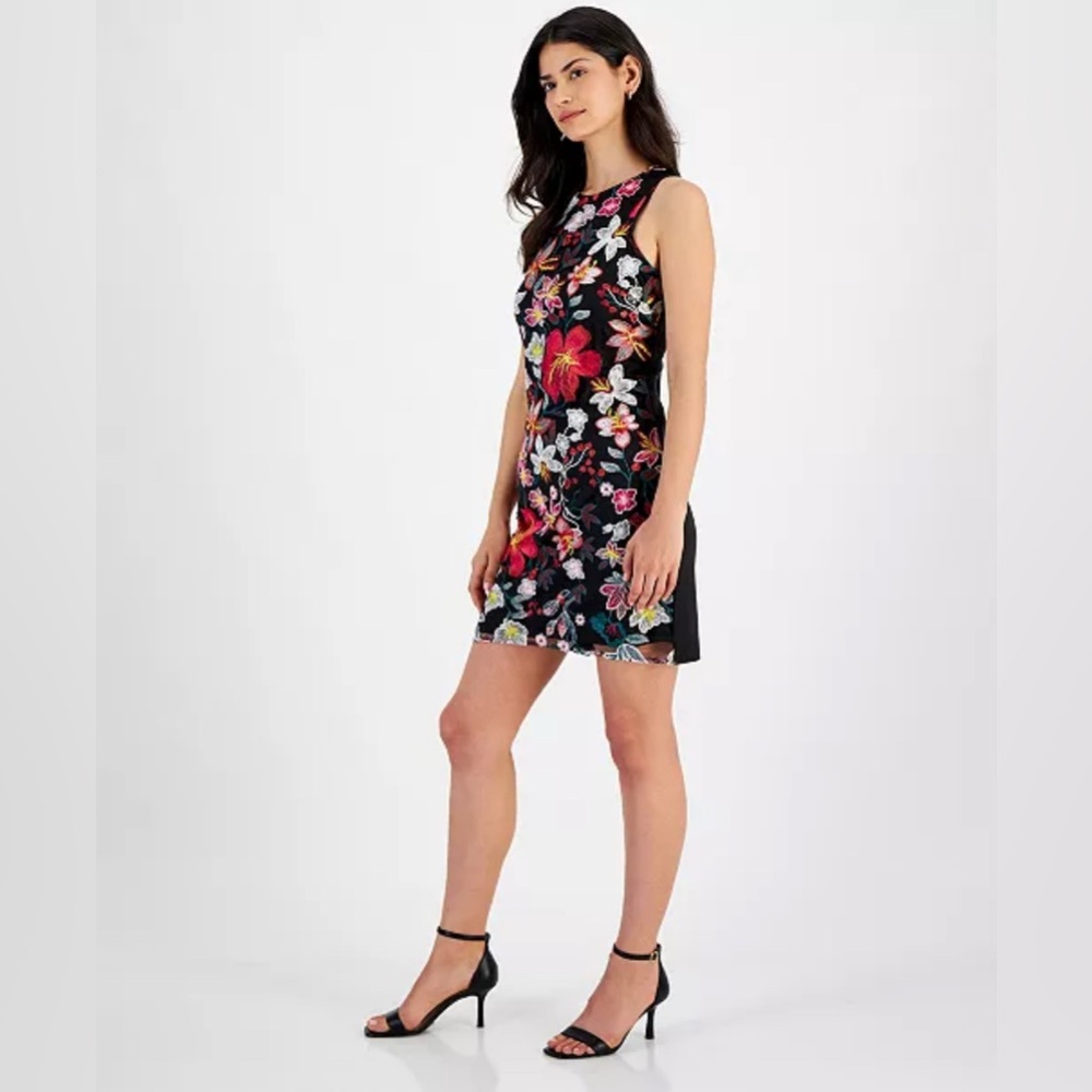 Sam Edelman 🌟 Women's Black Sleeveless Floral Sheath Mini Dress Size 4 Elegant